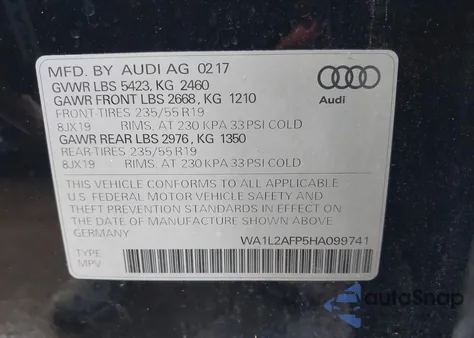 2017 Audi Q5 2.0T Premium из США, поврежденный, VIN WA1L2AFP5HA099741